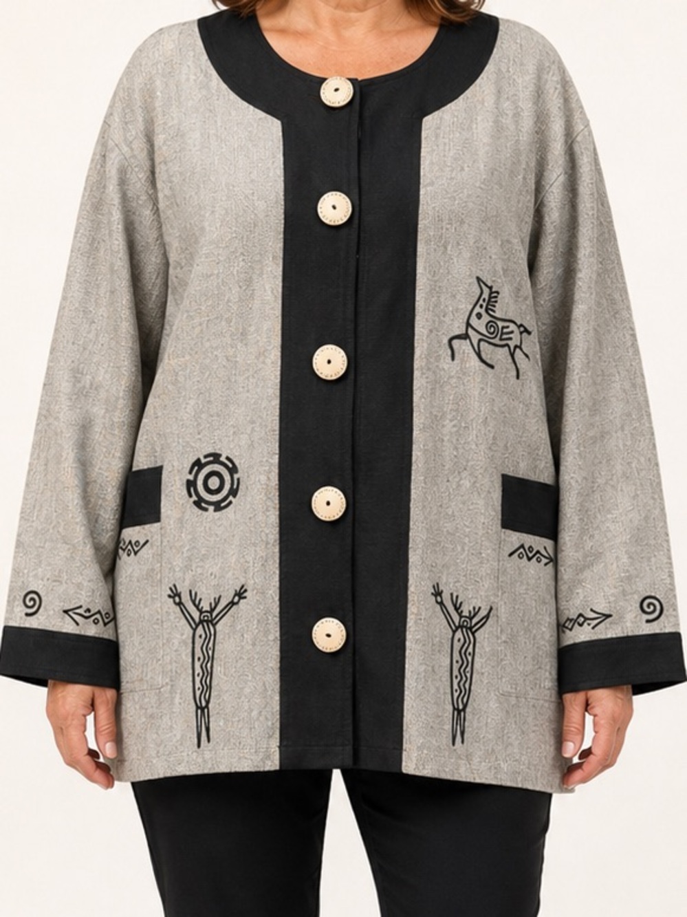 Vintage Venus Imports XL Petroglyph Cotton Jacket Nepal Art to Wear Gray Black